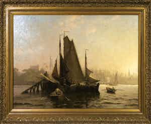 Julius Friedrich Ludwig Runge - Olieverf op doek, Schip in de haven van Hamburg - Ingelijst (groot) verkocht voor € 700!