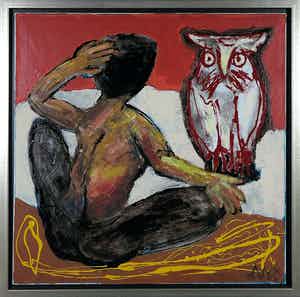 Martin van Wordragen - Olieverf op doek, Zoekende met uil - Ingelijst (Groot) verkocht voor € 300!