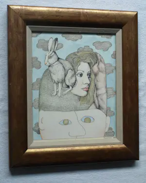 Henny van Diest - Ingelijst, Gemengde techniek, Vrouw met Konijn – Lijst, 39 x 34 cm - 1980 kopen? Bied vanaf 70!