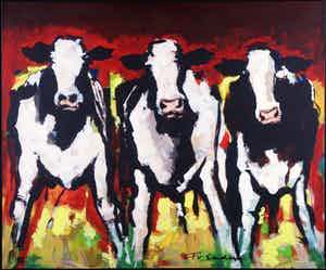 Frits van Eeden - Handbewerkte zeefdruk op doek, Koeientrio (Groot) verkocht voor € 150!