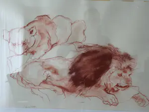 Ru van Rossem - Leeuwenpaar – Sepia krijttekening + gesigneerd boek kopen? Bied vanaf 90!