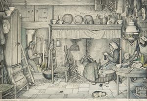 Jan Strube - Litho - Boereninterieur omstreeks 1900 Noord Brabant Nederland kopen? Bied vanaf 35!