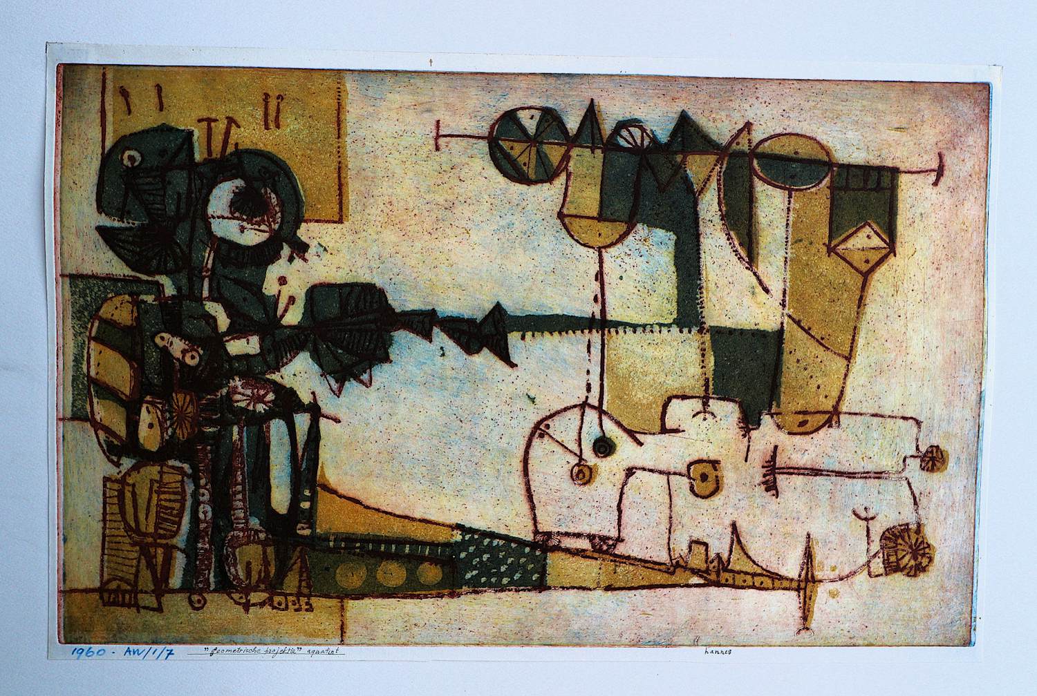 Hannes Postma - grote unica handgekleurde aquatint "mechanische projectie -1958 - gesigneerd kopen? Bied vanaf 46!