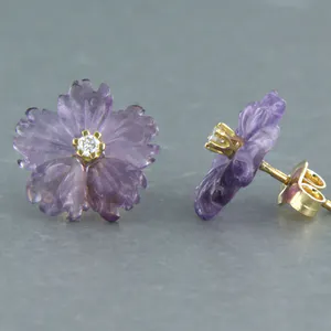 18k geel gouden oorknoppen met amethist en diamant 0.08 ct - F/G - VS/SI kopen? Bied vanaf 175!