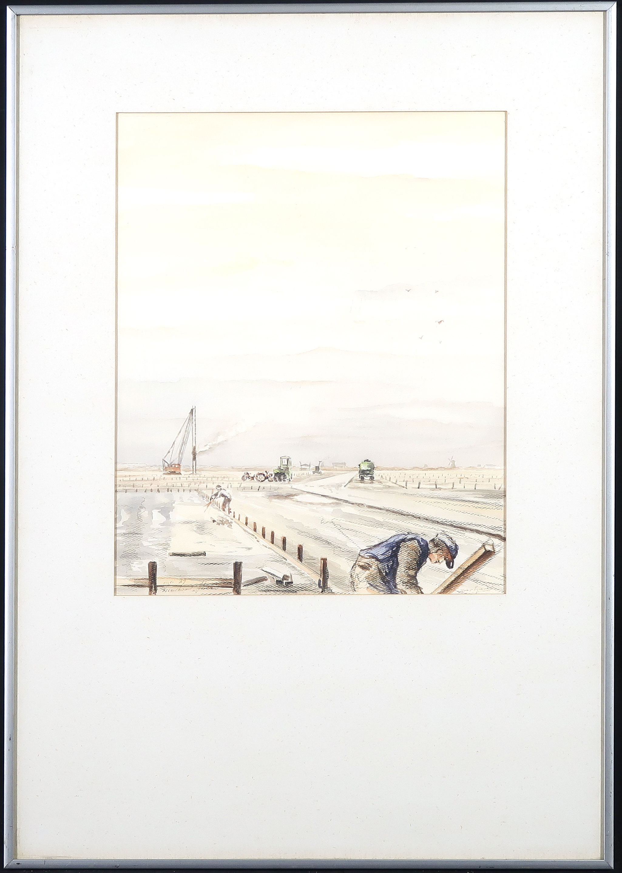 Niet of onleesbaar gesigneerd - Aquarel en krijt, Nieuwbouw - Ingelijst kopen? Bied vanaf 1!