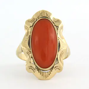 Acheter14k geel gouden ring bezet met koraal - 4.9 gram - ringmaat 17.5 (55)? Enchérissez de 375!