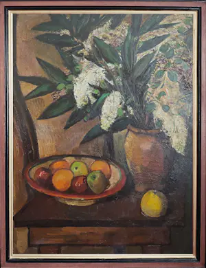 Louis Saalborn - Stilleven met bloemen en fruit kopen? Bied vanaf 650!