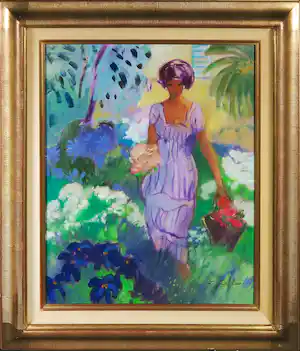 Isabelle Del Piano - Olieverf op doek, Jeune femme au jardin - Ingelijst vendu pour 200€ !