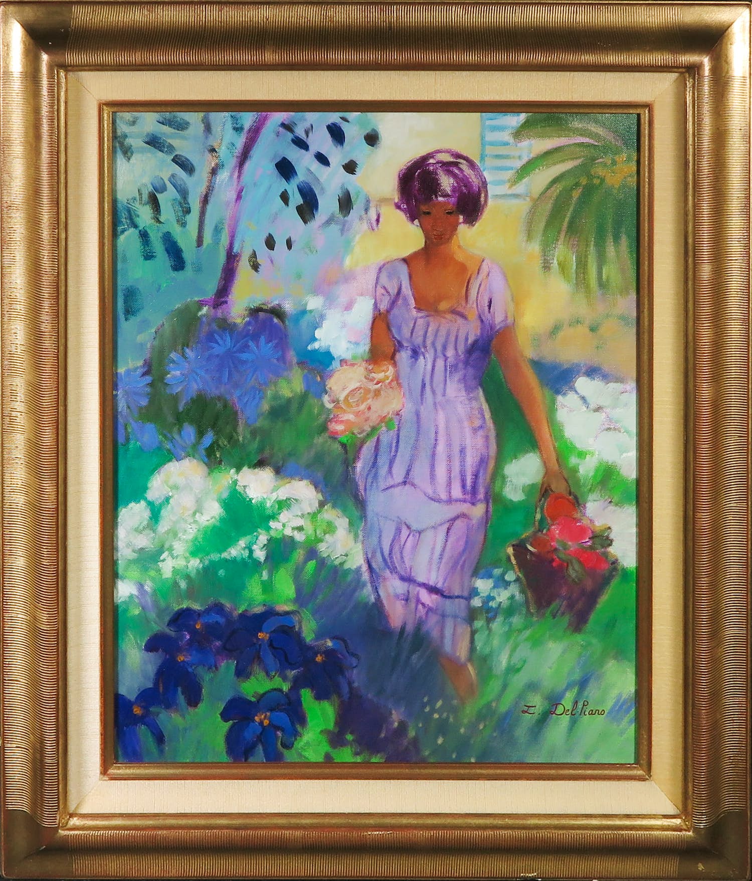 Isabelle Del Piano - Olieverf op doek, Jeune femme au jardin - Ingelijst verkocht voor € 200!