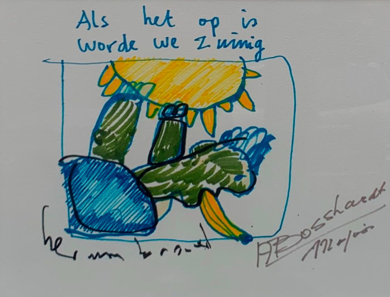 AcheterHerman Brood - + majoor Bosshardt : Ingelijste stifttekening: 'Als het op is worde we zuinig'? Enchérissez de 1500!