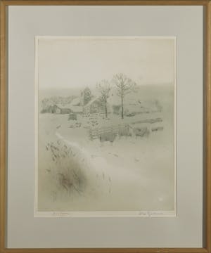 Abe Gerlsma - Ets en aquatint, Schapen in wei voor dorp - Ingelijst kopen? Bied vanaf 50!