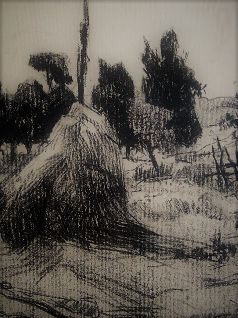 Wil van Dinther - Sterk impressionistisch Houtskool "Brabants landschap met hooimijten" gesigneerd kopen? Bied vanaf 1!