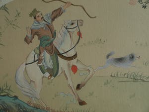 Niet of onleesbaar gesigneerd - Ingelijste gouache op zijde, Japan? China? , Jachttafereel kopen? Bied vanaf 1!