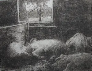 Eduard Karsen - in de varkensstal - ets uit 1892, in zeer goede staat kopen? Bied vanaf 75!