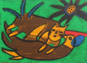 Corneille - Zeefdruk, Chat et oiseau dans l'herbe - Ingelijst kopen? Bied vanaf 150!