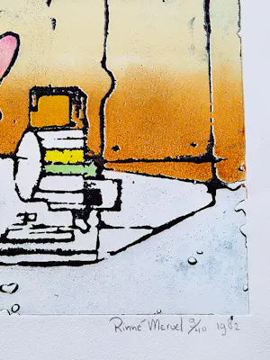 Rinne Mervel - een in 1982 en in kleine oplage (9/40) gemaakte reliëf kleuren Ets kopen? Bied vanaf 32!