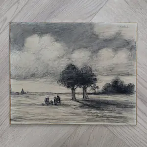 Jakob Smits - Gesigneerde houtskool tekening - Figuren in landschap kopen? Bied vanaf 75!