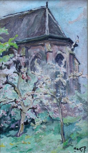 Adri Pieck - Acryl op board: gezicht op kerk kopen? Bied vanaf 199!