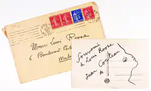 Jean Cocteau - Tekening en persoonlijke opdracht op ansichtkaart verkocht voor € 1!