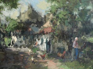 Theodorus van Oorschot - Olieverf op doek , Brabants landschap met boerin – ingelijst – 78 x 98 cm kopen? Bied vanaf 200!