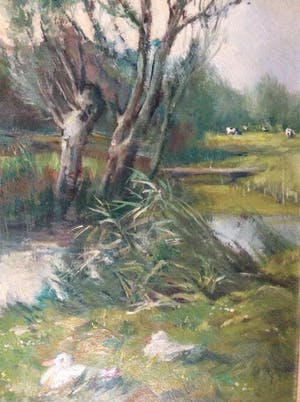 Roelof Klein - 1915-1981 boerderij in landschap met eenden kopen? Bied vanaf 75!