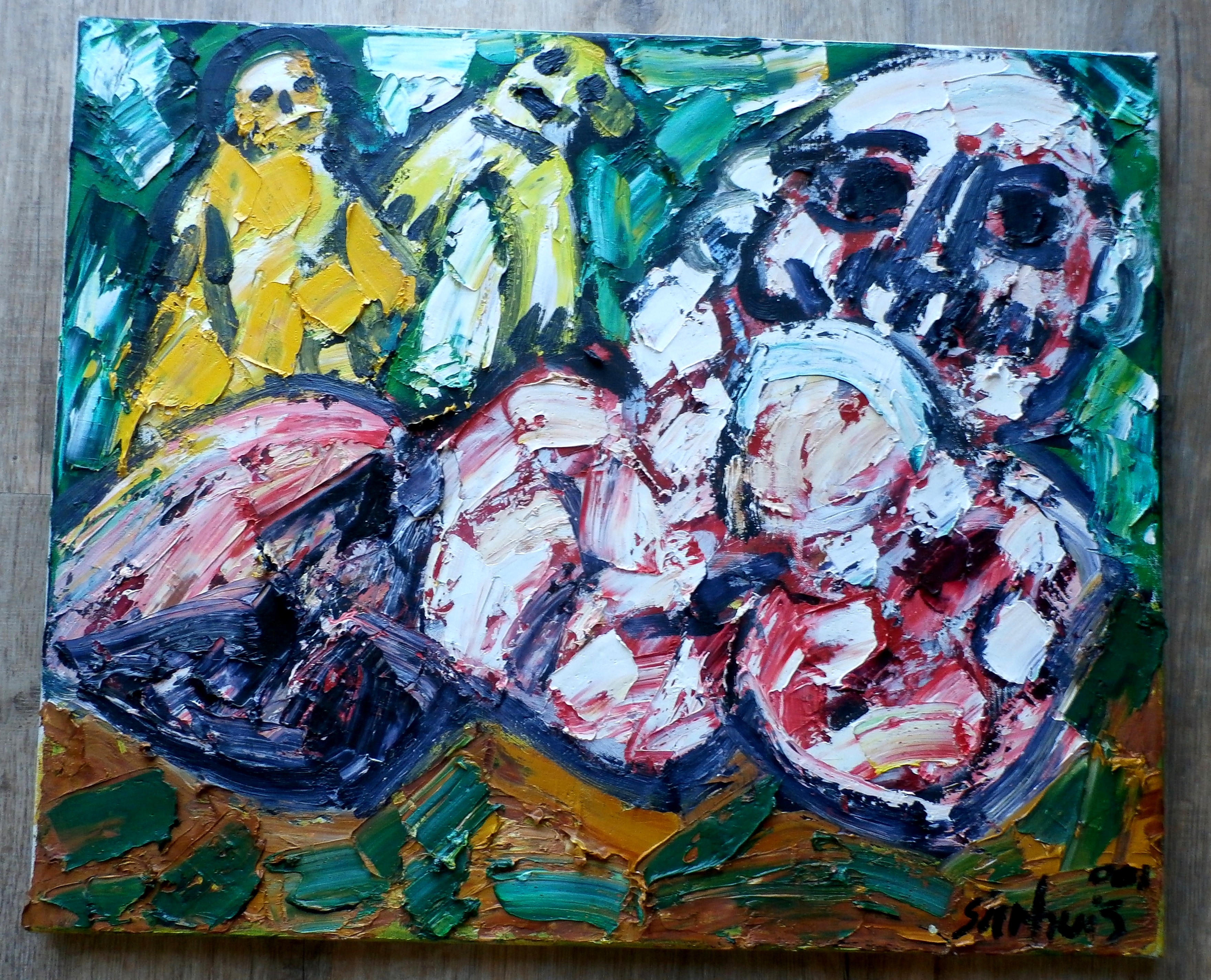 Jan Sierhuis - Schilderij: moeder met kinderen - 2001 kopen? Bied vanaf 550!