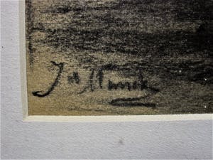 Johannes de Munck - Grote houtskooltekening "huizen aan water" gesigneerd - ingelijst. kopen? Bied vanaf 29!