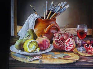 Alfonso Moreno - Stilleven schildersspullen schilderij wijn en fruit. kopen? Bied vanaf 250!