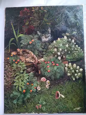 Buy Ben Fokker - poes en eend in bloemen perk - tuintafeeel? Bid from 100!
