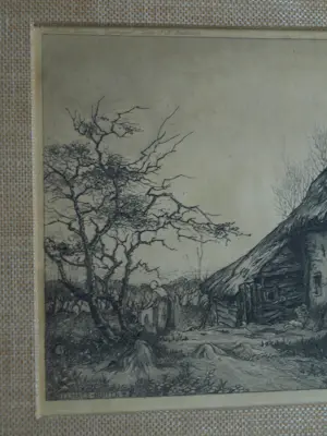 Toon de Jong - Ingelijste ets , Eemnes-Buiten met Boerin - 1906 kopen? Bied vanaf 50!