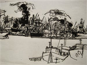 Wim Zwiers - Droge naald Ets - Rotterdam - Boten in de Haven - zeer kleine oplage! kopen? Bied vanaf 19!