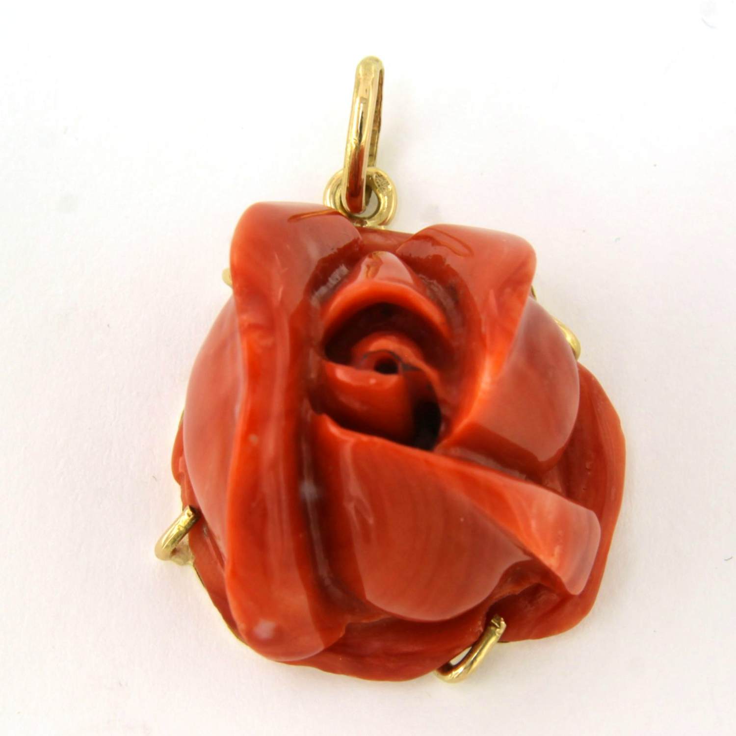 14k geel gouden hanger met een koraal in een vorm van een roos kop - 13.7 gram kopen? Bied vanaf 480!