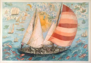 Francoise Deberdt - (1934) gedetailleerde kleurenets, 'fantoomschepen op zee' kopen? Bied vanaf 85!