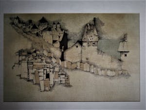 Niet of onleesbaar gesigneerd - Prachtig gedetailleerde Kleuren-Inkttekening "Stad en sloppenwijk" gesigneerd kopen? Bied vanaf 10!