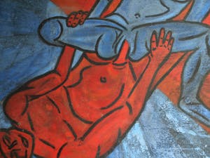 Niet of onleesbaar gesigneerd - Acrylverf op paneel , “Erotische voorstelling” – groot, 100 x 108 cm kopen? Bied vanaf 1!