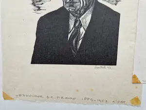 Lou Strik - Dubbele E.A. Linosnede "portret wethouder B.C. Franke Amsterdam" gesigneerd kopen? Bied vanaf 31!