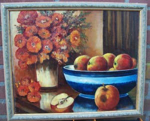 Niet of onleesbaar gesigneerd - Sitlleven met appels en bloemen. kopen? Bied vanaf 1!