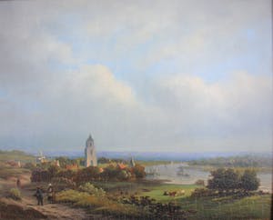 Salomon Leonardus Verveer - Landschap met zicht op stad aan het water (mogelijk Arnhem) kopen? Bied vanaf 950!