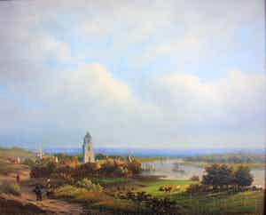 Salomon Leonardus Verveer - Landschap met zicht op stad aan het water (mogelijk Arnhem) verkocht voor € 950!
