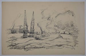 Wim Motz - 2 tekeningen van Rotterdamse havengezichten kopen? Bied vanaf 50!
