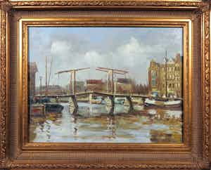 Jan Beaufort - Olieverf op paneel, Stadsgezicht Amsterdam Sloterdijkbrug - Ingelijst (toegeschreven aan) verkocht voor € 10!