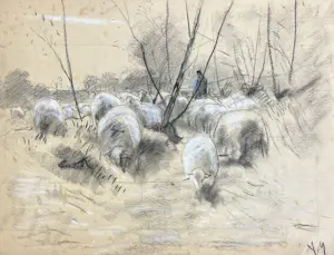Anton Mauve (sr.) - Schapenherder met kudde schapen in winters landschap tussen bomen kaufen? Bieten Sie von 320!