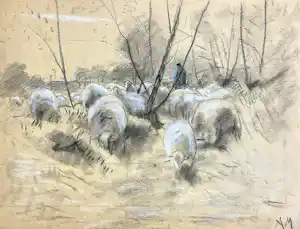 Anton Mauve (sr.) - Schapenherder met kudde schapen in winters landschap tussen bomen verkauft für € 500!