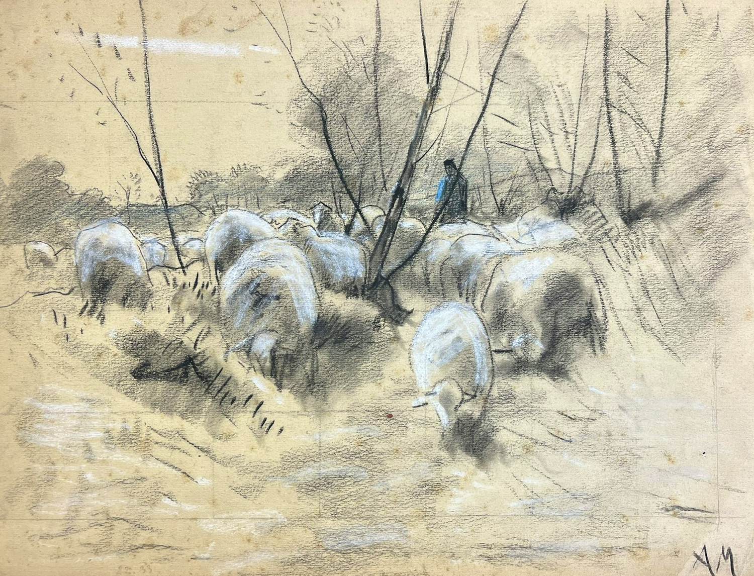 Anton Mauve (sr.) - Schapenherder met kudde schapen in winters landschap tussen bomen kopen? Bied vanaf 320!