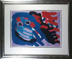 Karel Appel - Zeefdruk, Another blue head again - Ingelijst (Groot) verkocht voor € 450!