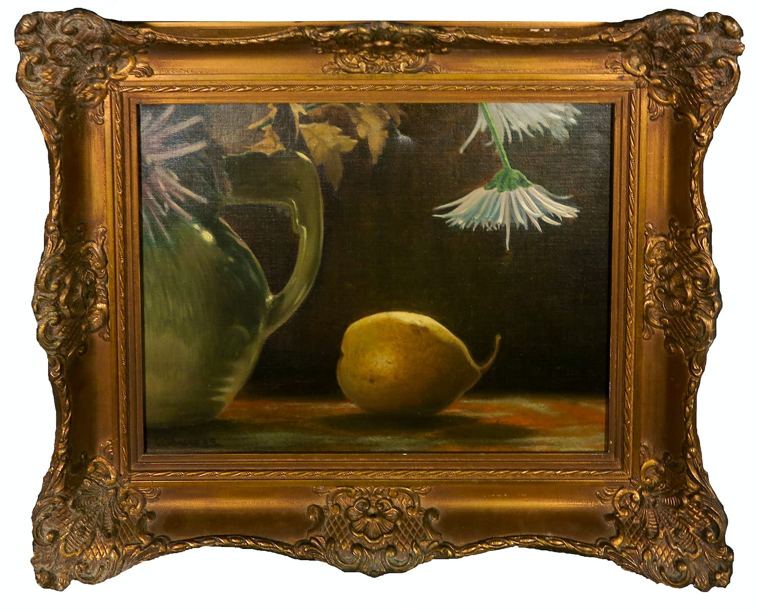 Niet of onleesbaar gesigneerd - Olieverf op doek, Stilleven met bloemen en peer - Ingelijst kopen? Bied vanaf 1!