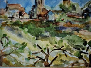 Niet of onleesbaar gesigneerd - Fraai impressionistisch Aquarel "Boomgaard bij dorp" gesign Vesely kopen? Bied vanaf 10!