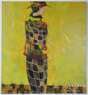 Willem van Scheijndel - Acryl op doek, Staande vrouw op gele achtergrond kopen? Bied vanaf 550!