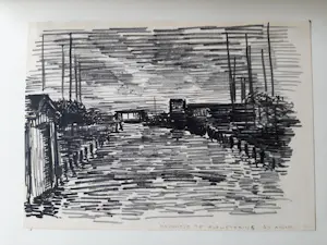Hugo Liebe - Krijttekening, Haventje te Rijpwetering bij avond. kopen? Bied vanaf 20!