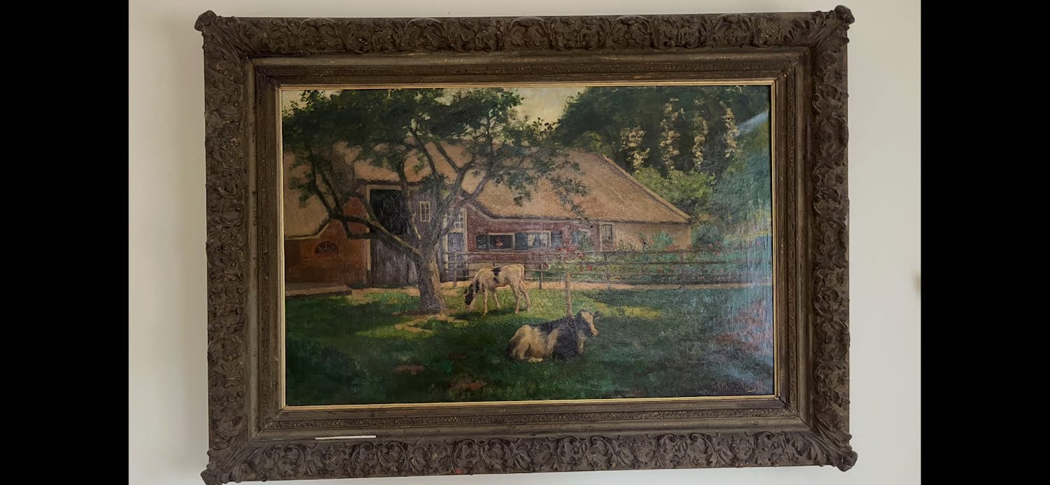 Anna Maria Stork-Kruijff - Gezicht op boerderij, op de voorgrond 2 kalfjes bij boom kopen? Bied vanaf 400!